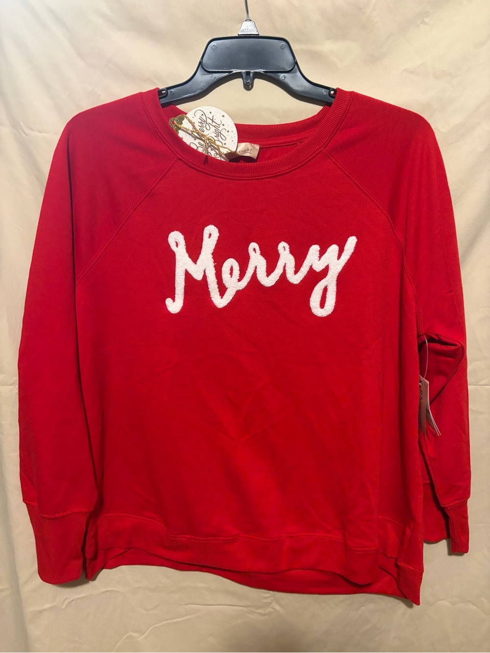 Philosophy Red Crewneck Sweater with White 'Merry' Script